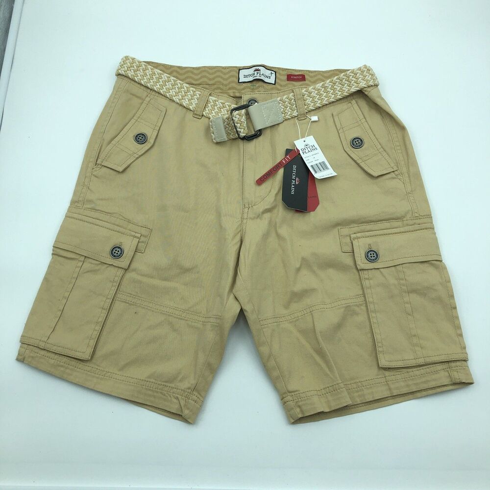 Ditch Plains Khaki Stretch 10” Cargo Shorts Belted Straw 34 NWT